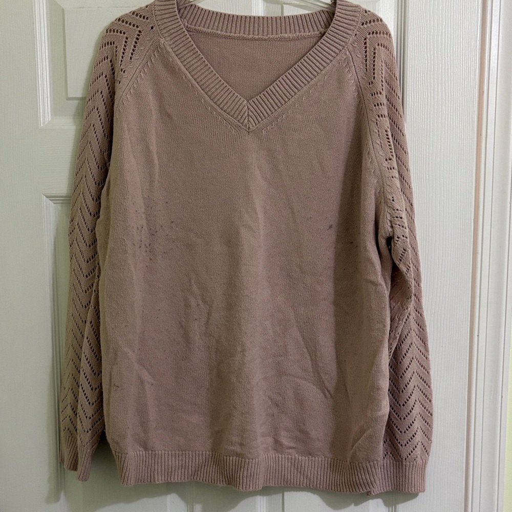 SHEIN Taupe V-Neck Sweater with Patterned Sleeves